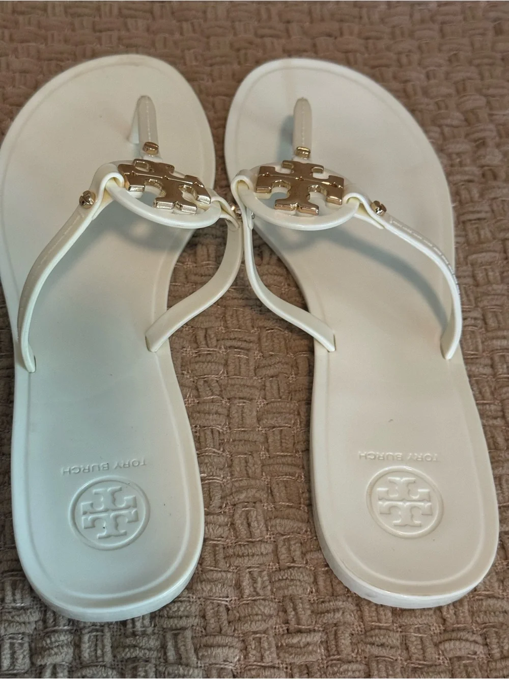 Tory Burch White Miller Logo Thong Sandals with Gold Emblem